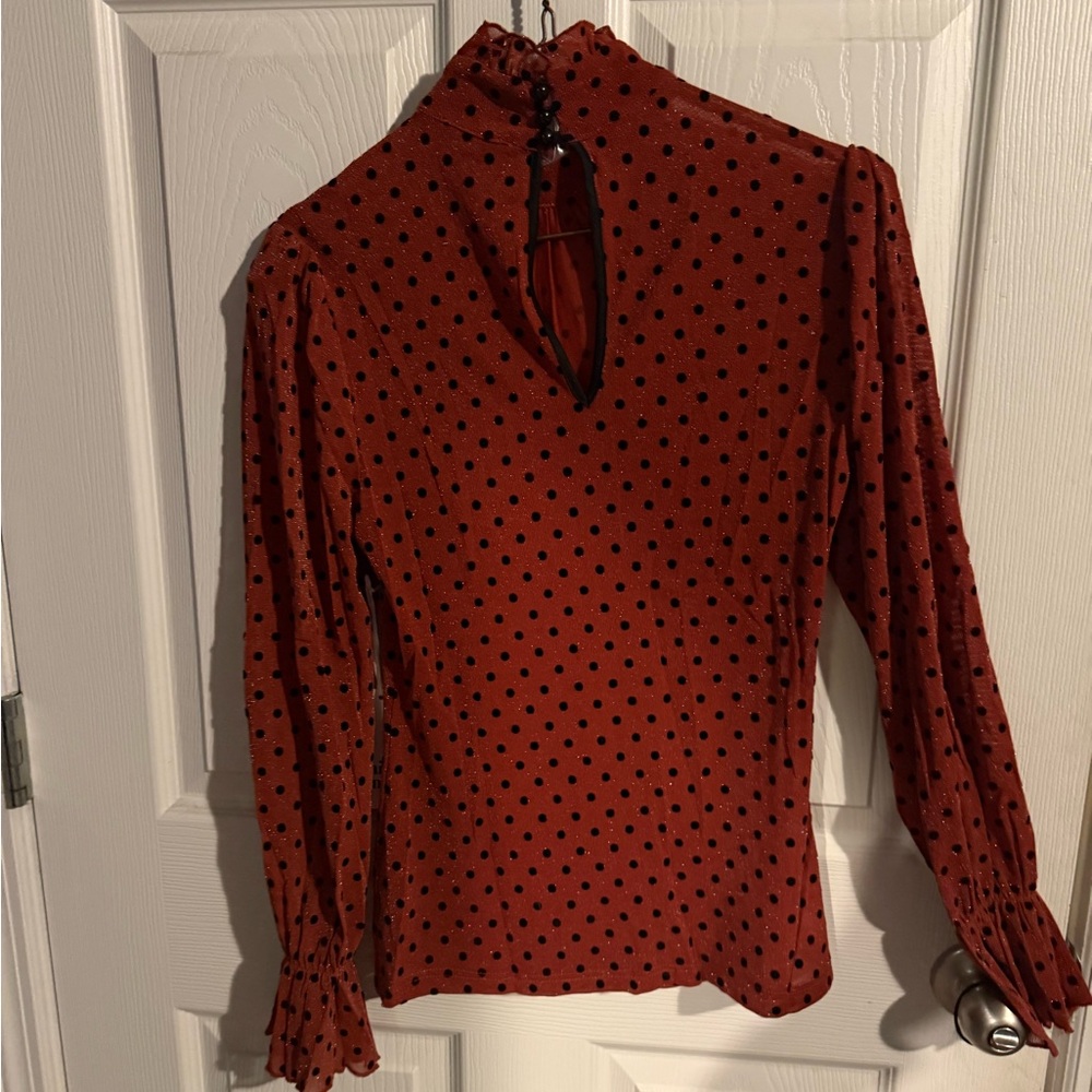 Unique Vintage Rust Blouse with Black Dots